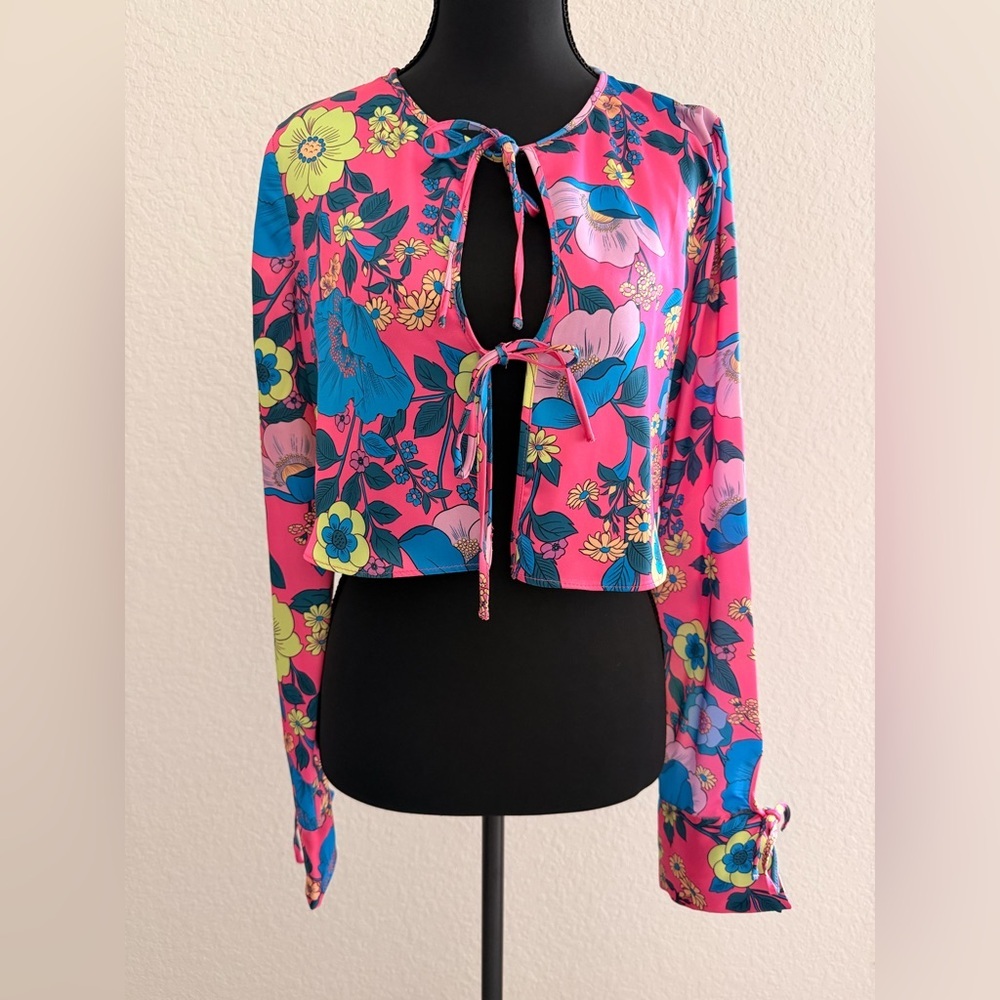 ZARA Satin Effect Floral Tie-Front Crop Top | Neon Pink Print